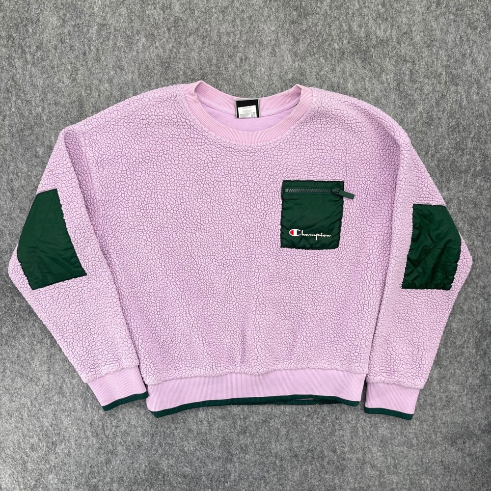 Champion Sherpa Fleece Sweatshirt  Womens Large Purple Lavender Green Pocket